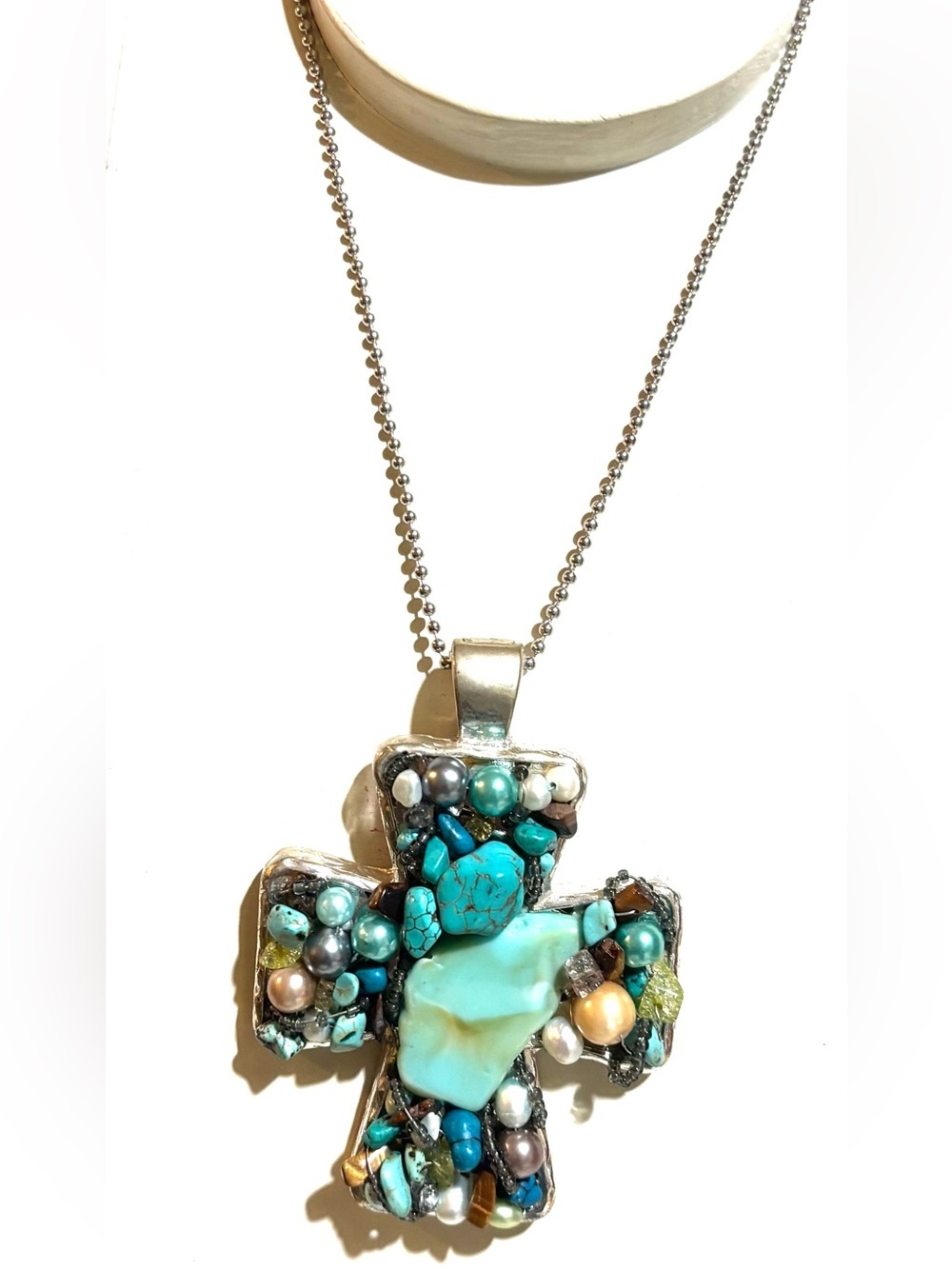 Turquoise Multi-Stone Cross Necklace - Silver Tone